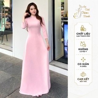 Áo Dài Truyền Thống Nữ Cổ Cao, Màu Hồng Đào, Áo Dài Đính ngọc 1 Hàng Cổ Và 2 Nách Vải Lụa Thạch Anh Thoáng Mát C2