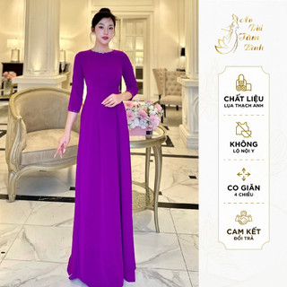 Áo Dài Truyền Thống Nữ Cổ Tròn, Màu Tím Cẩm, Áo Dài Đính Đá Pha Lê 2 Hàng Vải Lụa Thạch Anh T2