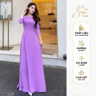 Áo Dài Truyền Thống Cổ Tròn, Tím Cà nhạt, Áo Dài Nữ Đính ngọc 2 Hàng Vải Lụa Thạch Anh T3