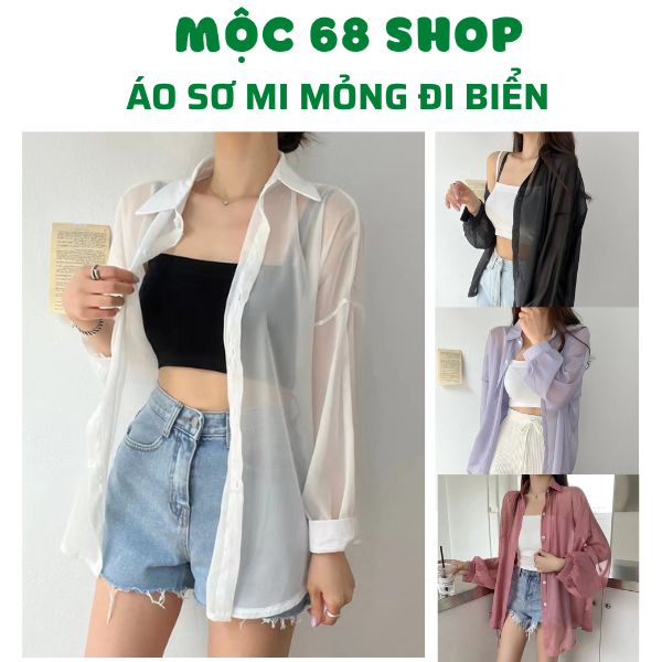 Áo sơ mi nữ dài tay voan mỏng khoác ngoài đi biển nhiều màu, Áo khoác đi biển voan tơ giấy trong suố
