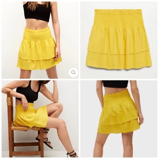 Chân váy mini MANGO đũi linen lưng thun dúng xòe bèo 2 tầng màu vàng tươi