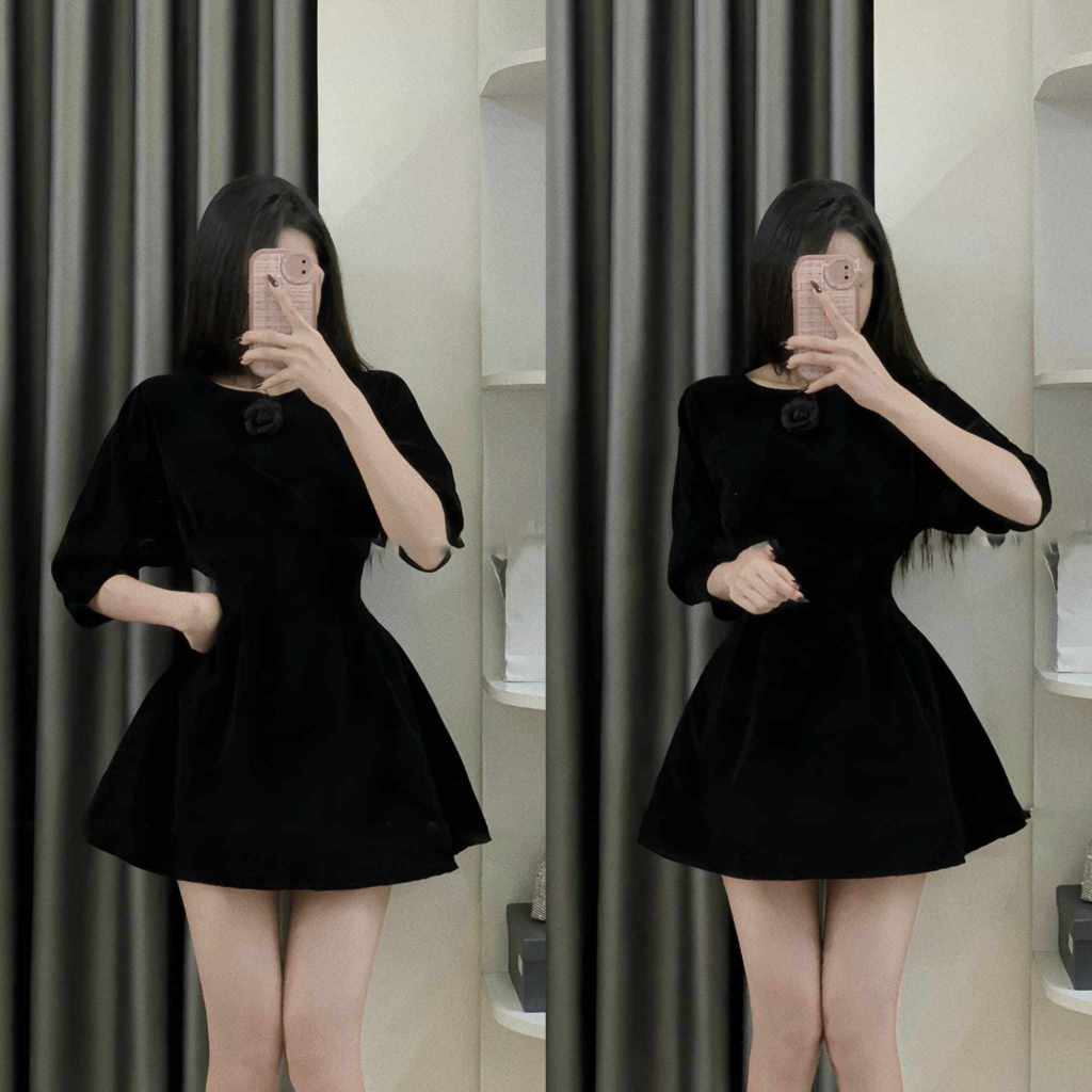 Đầm Váy Nữ Xòe nhung tay lỡ chích eo bông cổ sang trọng tinh tế