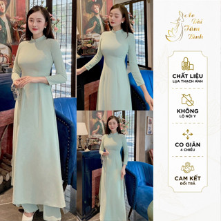 Áo Dài Truyền Nữ, CO, Màu Xanh Bơ/Min, Cổ 2P Trơn, Lụa Thạch Anh Cao Cấp