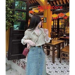 Áo sơ mi nữ kẻ sọc form rộng bigsize, áo sơ mi nữ thiết kế túi lệch 262T