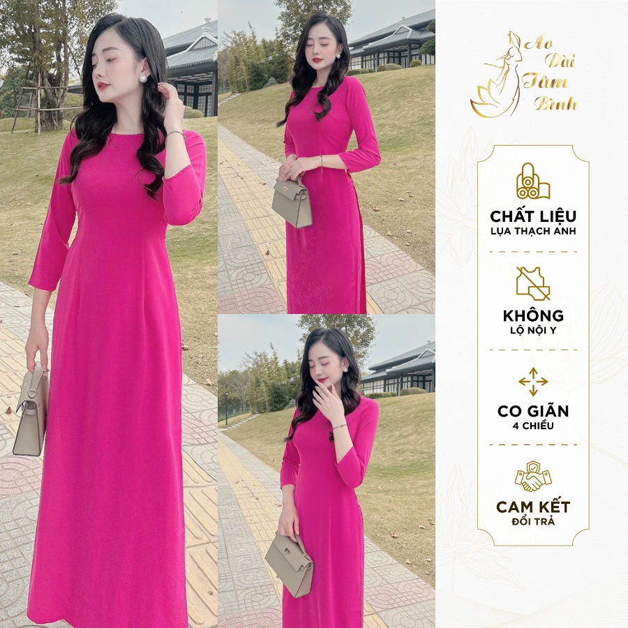 Áo Dài Truyền Thống Lụa Thạch Anh , Màu Hồng Sen, Áo Dài Nữ Cổ Tròn Trơn
