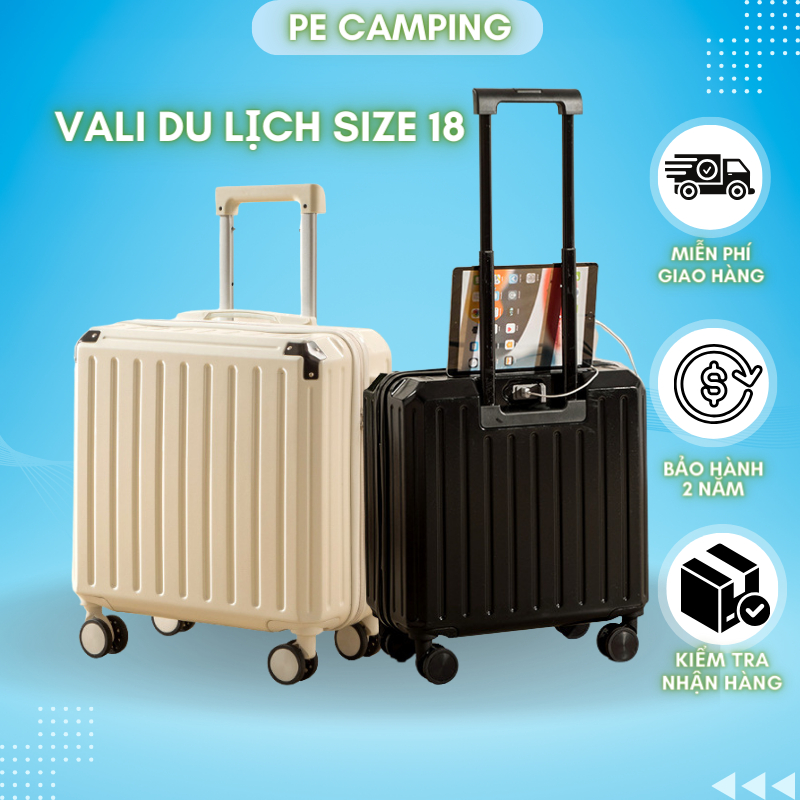 Vali xách tay 18 inch khóa 3 số bảo mật tích hợp cổng sạc usb Vali du lịch bo góc chống va đập Pecamping