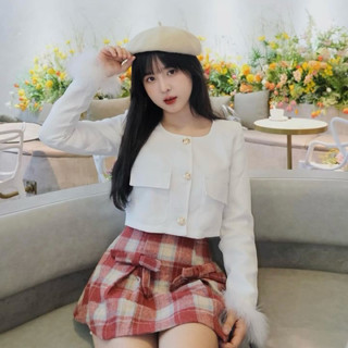 Áo khoác dạ tweed phối tay cổ lông siêu xinh thu