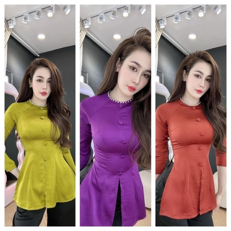 Sét bà ba cổ tròn viền ngọc tay dài nút bọc duyên dáng