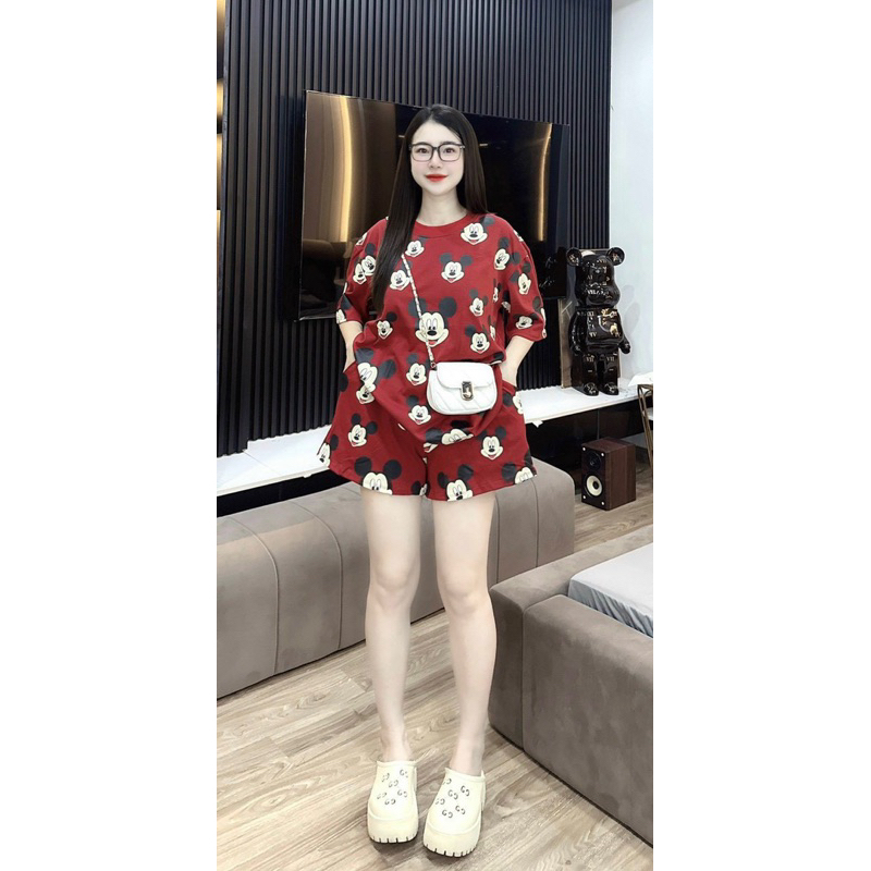 Set áo thun kèm quần short form rộng hoạ tiết mickey
