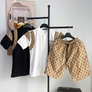 Bộ quần áo nam tay ngắn, set áo polo phối vai thêu ngực chữ MENSWEAR, quần đùi bố thô dệt họa tiết răng
