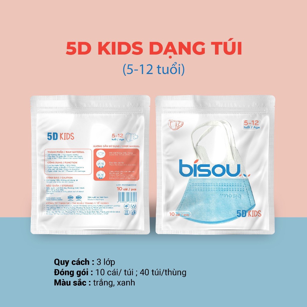 Khẩu trang Bisou trẻ em 5D từ 5 đến 12 tuổi
