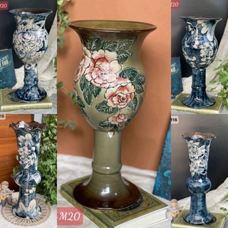 Bình cắm hoa dáng thon chân dài 44cm men lam BÁt Tràng, lọ hoa decor