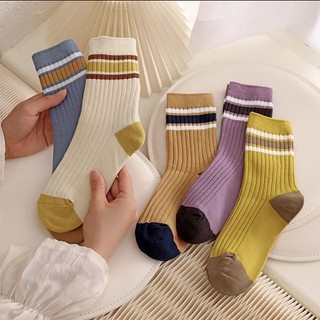 Vớ tất cotton cổ trung trơn gân màu 3 sọc cổ chân basic