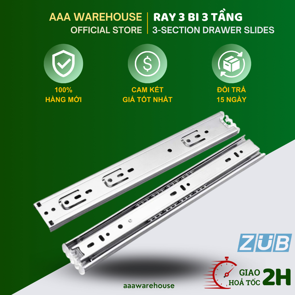 [ZUB 3 bi] 1 Cặp Thanh Ray Trượt 3 Tầng Ngăn Kéo Hộc Tủ - Ray Bi 3 Tầng (TRẮNG/ĐEN)