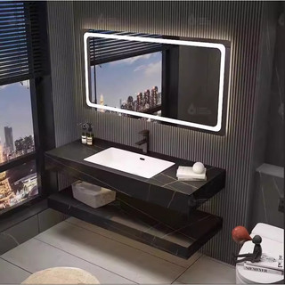 BÀN ĐÁ LAVABO TRÀN VIỀN VÔ CỰC 2 TẦNG GƯƠNG LED-Đen