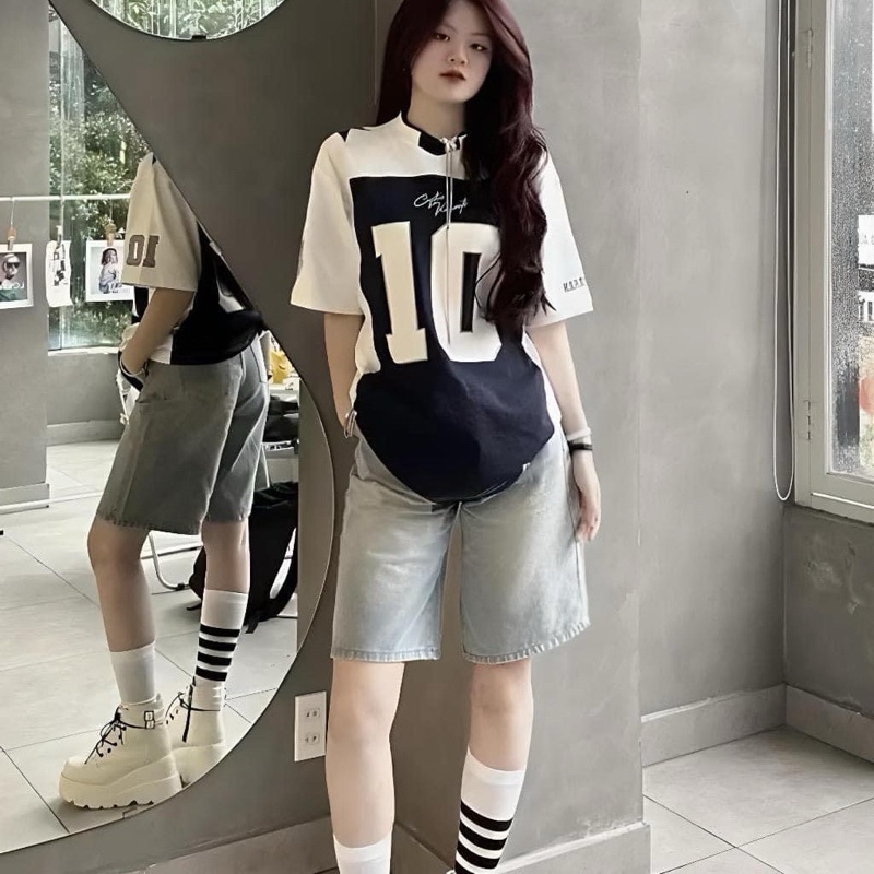 Áo thun tay lỡ phối đá banh số 10 cổ tim chất cotton co dãn Form 40-75kg, áo phông nam nữ phối bóng rổ hot trend 2024