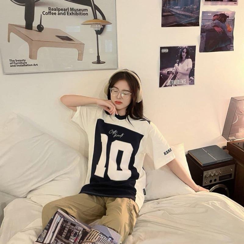 Áo thun tay lỡ phối đá banh số 10 cổ tim chất cotton co dãn Form 40-75kg, áo phông nam nữ phối bóng rổ hot trend 2024