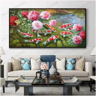 Tranh gắn đá đính kín toàn bộ Chín Cá Bên Hoa Mẫu Đơn