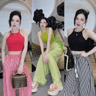 Sét áo cổ yếm + quần sọc suông có túi thời trang hottren