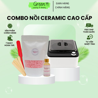 Combo nồi nấu sáp wax lông ceramic dòng cao cấp siêu chống dính green waxing+sáp wax lông, tặng que silicon,mỡ trăn