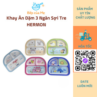 Khay ăn dặm sợi tre cao cấp Hermon 3 ngăn in hình dễ thương, Shop Bếp Của Mẹ