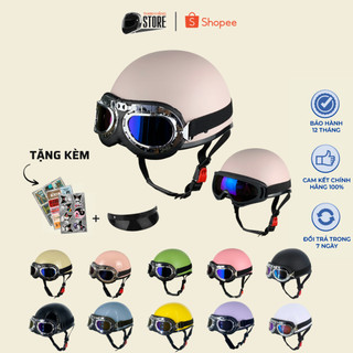 Mũ Bảo Hiểm Nửa Đầu VARO Kèm Kính Phi Công Kính Uv - Tặng Sticker
