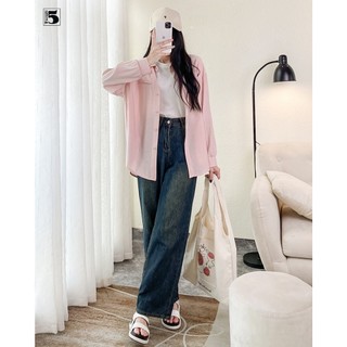 Áo sơ mi nữ Twentyfive dáng rộng oversize tay dài trơn màu túi giả trước ngực 5636