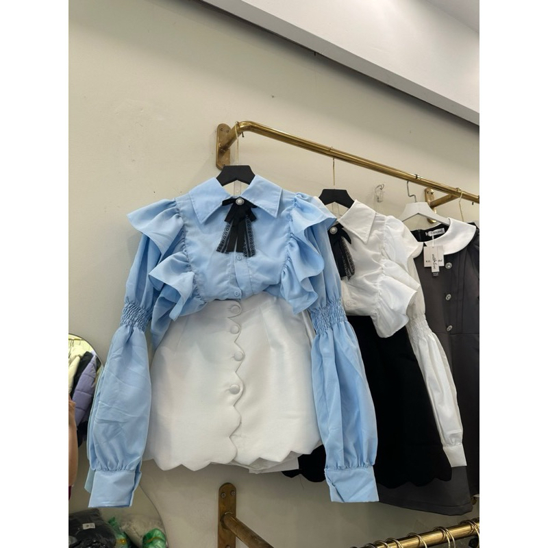 Áo sơ mi bèo tay dài phối chân váy tafta tặng kèm nơ -Kem.Studio