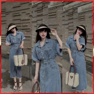Đầm jeans dáng dài xẻ trước vạt tua rua chất bò mài dày dặn - Váy bò cổ sơ mi dáng dài nữ