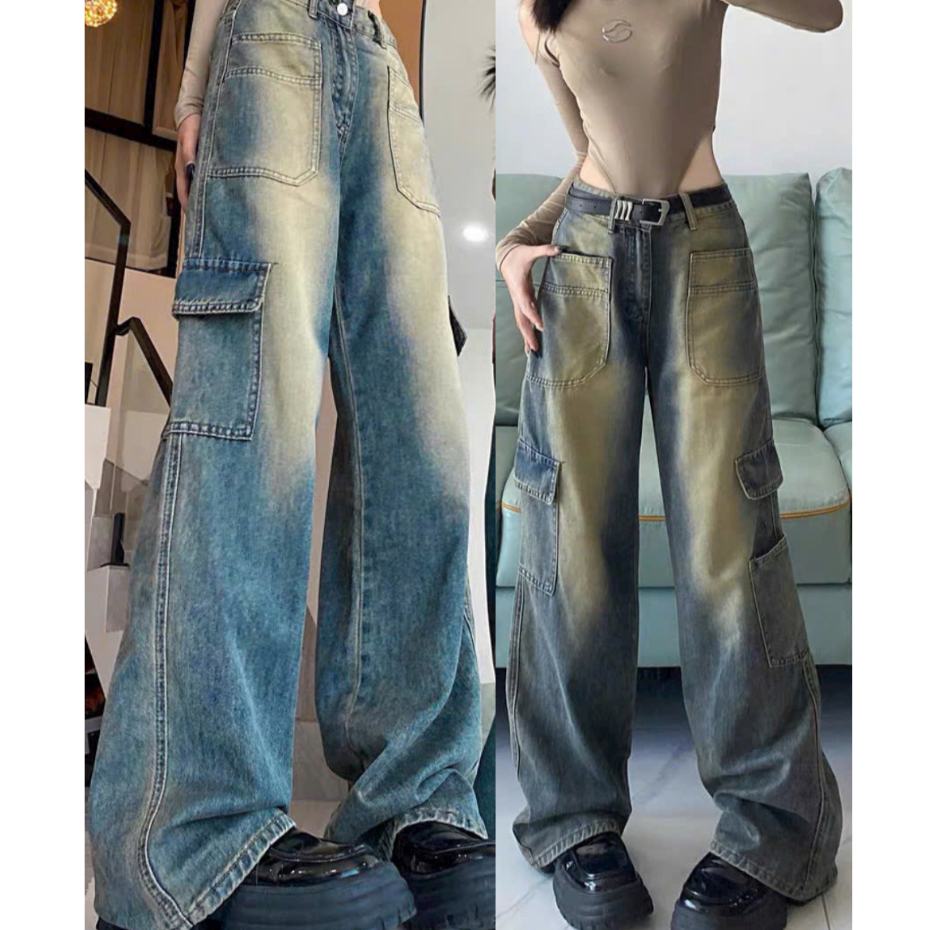 Quần jean ống rộng túi hộp quần nữ jean phong cách retro, quần jeans nữ tôn dáng lưng cao - Hiliko