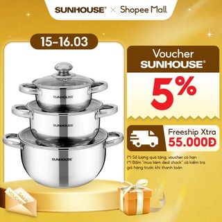 Bộ nồi Inox 3 đáy Sunhouse SH334 size 16cm-20cm-24cm - Đáy từ dùng mọi loại bếp - 3 lớp đáy - Hàng chính hãng