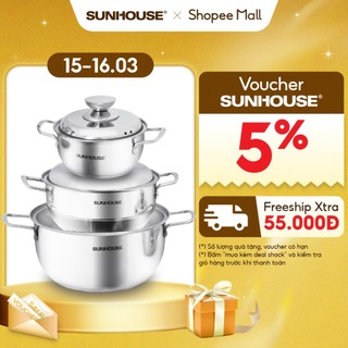 Bộ nồi Inox 3 đáy Sunhouse SH335 size 16cm-20cm-24cm - Đáy từ dùng mọi loại bếp - 3 lớp đáy - Hàng chính hãng