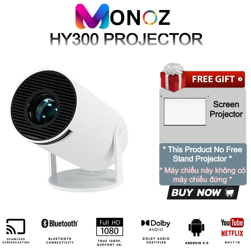 Máy Chiếu Mini HY300 2023 Android TV - Auto Keystone - Kết nối nhiều thiết bị - Bảo hành 10 năm