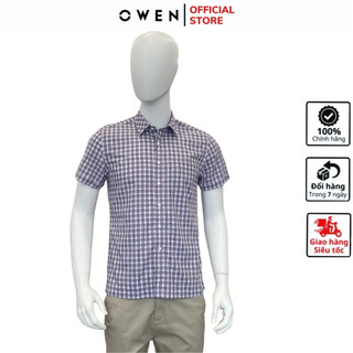 Áo sơ mi ngắn tay nam OWEN AB230697NT somi công sở cao cấp vải sợi tre màu kẻ caro đỏ trắng dáng body fit tà bằng có túi