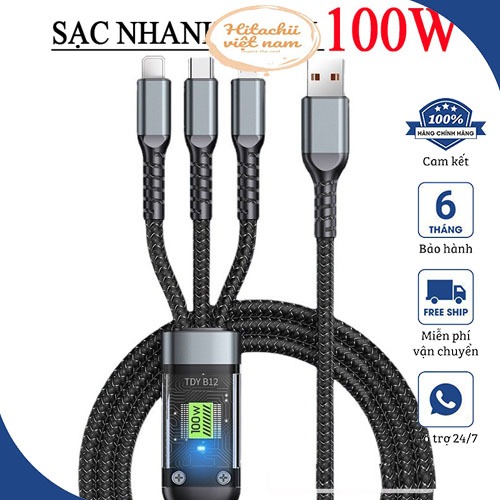 Dây Cáp Sạc Nhanh 3 Đầu 100W Dài 1m2 Hỗ Trợ Sạc Nhanh 3 Trong 1 Chống Đứt Chống Rối, Cáp sạc 3 cổng