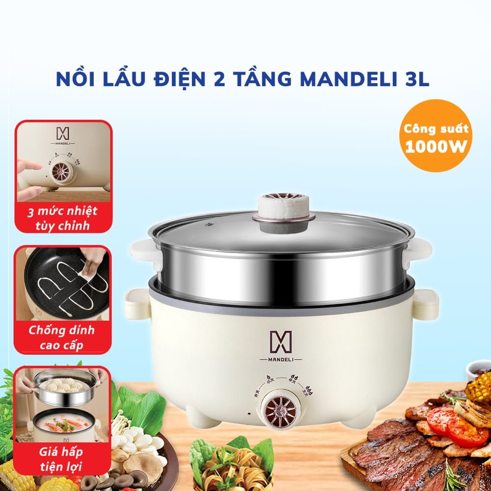Nồi Lẩu Điện Đa Năng 2 Tầng Kèm Giá Hấp 28 cm Có Chống Dính Công Suất 1000W BH 6 Tháng, Nồi nấu đa năng chống dính
