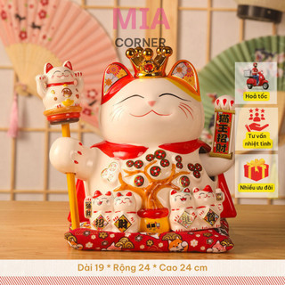 Mèo Thần Tài Maneki Neko Vẫy Tay Trang Trí Phong Thuỷ - Size 24 ( Kèm hộp quà, đệm)