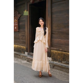  Set Váy Uyên Vân Sang Chảnh Phối Bèo Tay Loe Chân Váy Dài Xếp Tầng Cạp Kéo Đi Biển Màu Kem Thoáng Mát Mùa Hè Nhà Lụa 