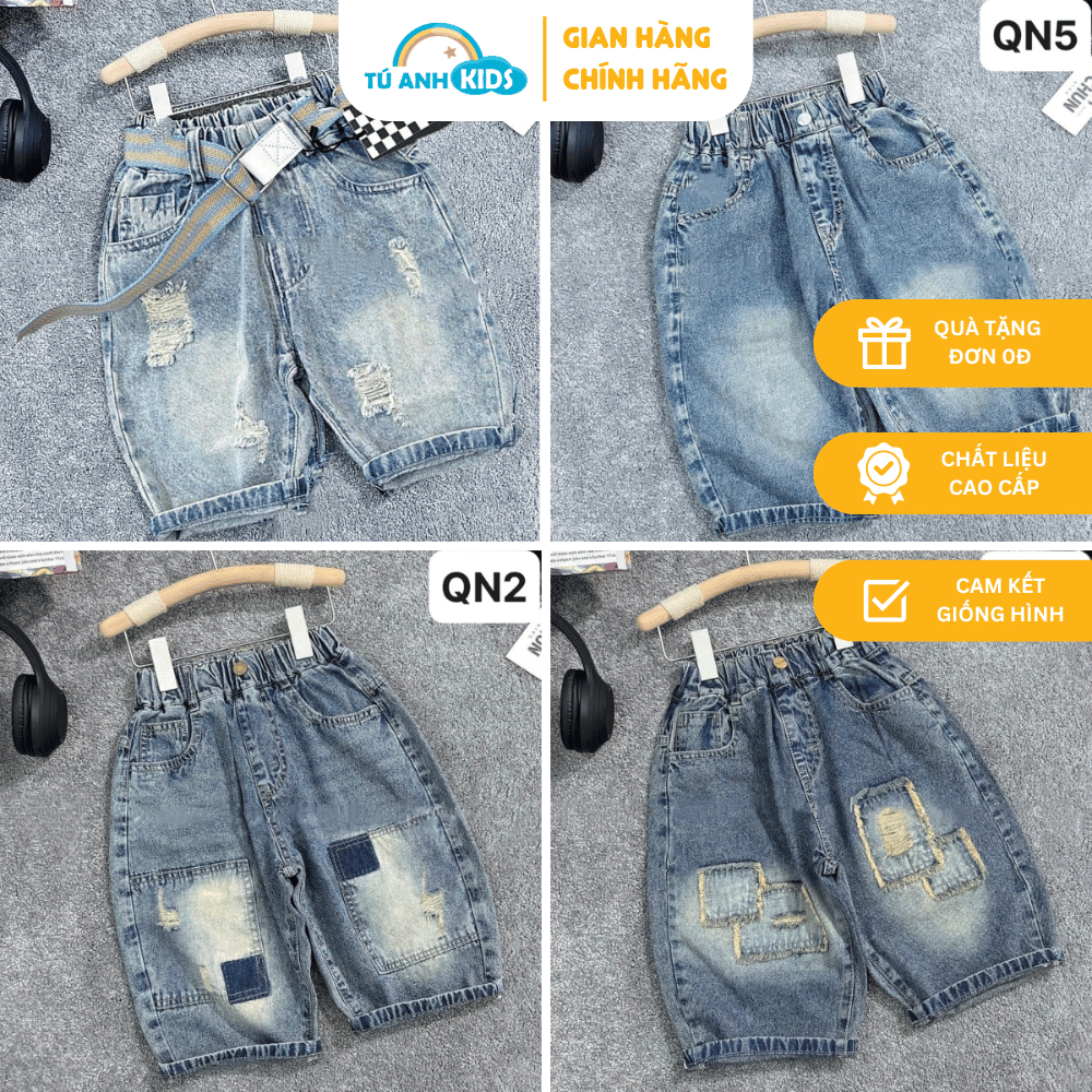 Quần Jean QN short lửng bé trai 2-8 tuổi (9-24kg) đủ size đủ kiểu thiết kế thời trang, lưng thun co giãn | TÚ ANH KIDS