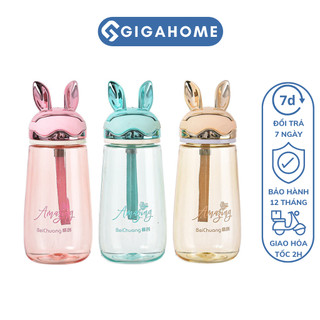 Bình nước nhựa trong tai thỏ xinh xắn dung tích 340ml chống đổ gigahome 12085