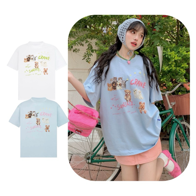 Áo thun cotton 2 chiều form rộng unisex in hình Cún Mèo Crane