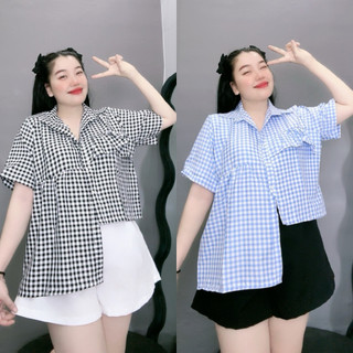 Áo sơ mi bigsize nữ caro form rộng tay ngắn tà lệch phong cách tôn dáng che bụng từ 60-97kg AK6