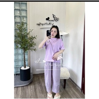 Sét đồ nữ quần dài kẻ caro baggy, đồ bộ áo thun in thêu hình quần dài dáng lửng kẻ caro nhiều màu cute mặc nhà đi chơi