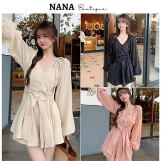 Set bộ nữ tay dài chất đũi xẻ nhún eo phối cúc, cổ chữ V có dây thắt nơ phối quần 2 lớp cực xinh tiểu thư