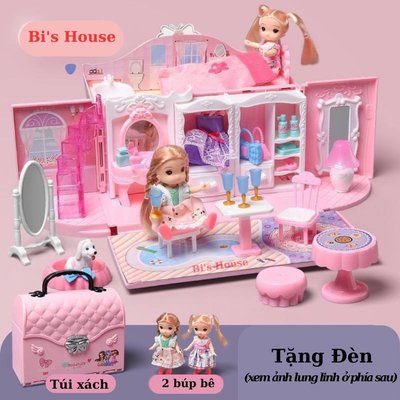 Ngôi Nhà Búp Bê Thiết Kế Dạng Túi Xách Kèm 2 Búp Bê, Đồ Chơi Búp Bê Màu Hồng Dễ Thương Cho Bé