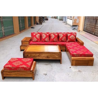 Ghế sofa góc L gỗ hương vàng, hương xám tự nhiên kiểu chân cuốn hiện đại kích thước 2m8x2m