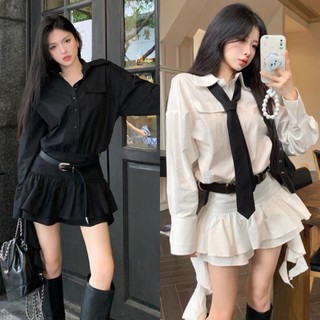 [Bán Sỉ]:Váy Sơ Mi Túi Nắp Kèm Đai Hàn Quốc Mix Cavat Chân Váy Xếp Ly Tua Rua Cực Sang Chảnh (Ảnh Thật Trải Sàn) Lollaye