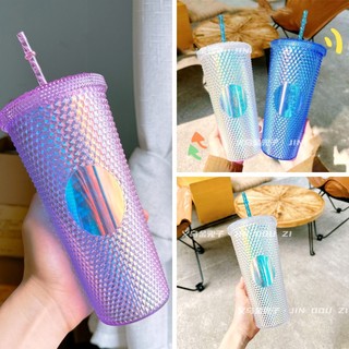 Ly nhựa trụ kim cương lấp lánh 700ml kèm ống hút nhựa PP mang nắp chống tràn 700ml
