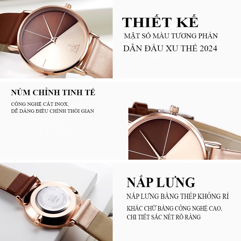 Đồng hồ nữ mặt kính cường lực chống trầy, dây da pu, đồng hồ đeo tay kiểu dáng hiện đại SK 0095 GD899 | BigBuy360 - bigbuy360.vn