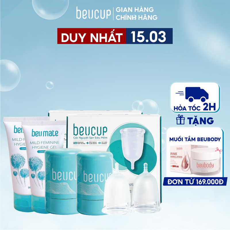 Combo 2 Cốc Nguyệt San BeUCup Chính Hãng,100% Silicol Y Tế Wacker Đức siêu mềm